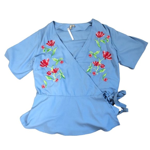 Asos Blue Floral Embroidered Wrap Peplum Top Size 18 NWT - Picture 1 of 10